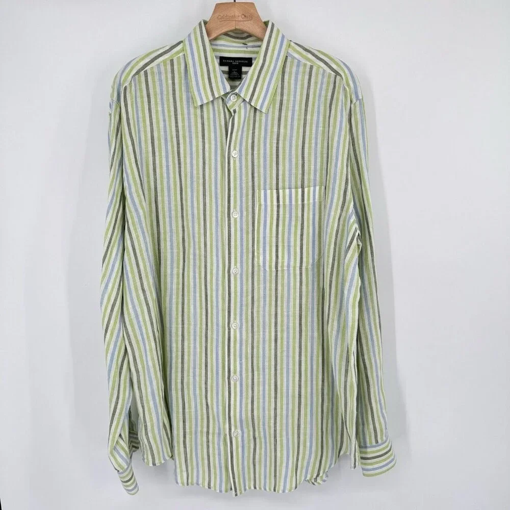 Banana Republic Linen Men's Striped Button Down Shirt Green Blue Size Large